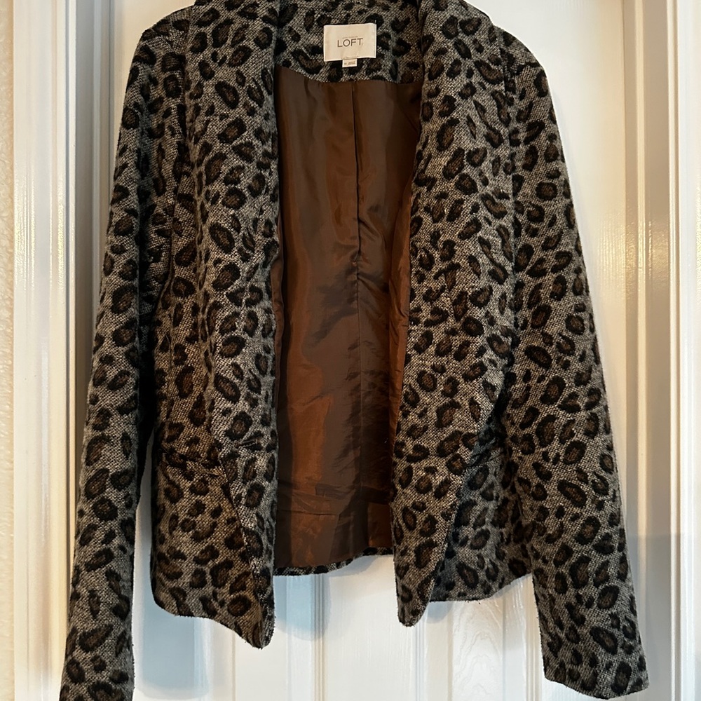 LOFT Black & Gray Leopard Print Open-Front Blazer